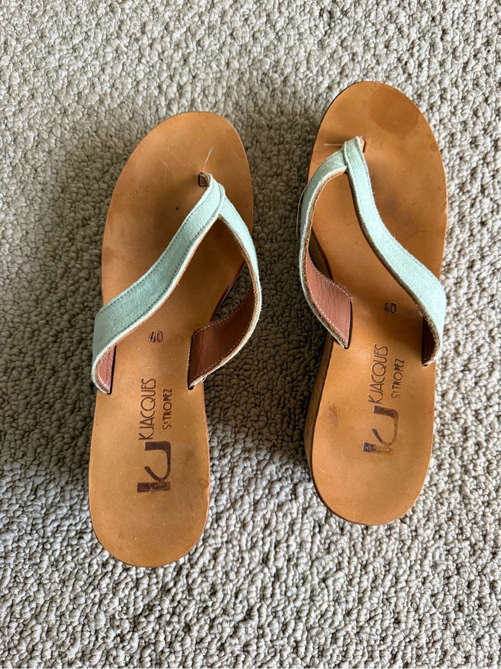 Mint Green and Tan Leather Flip Flop Sandals with Wedges